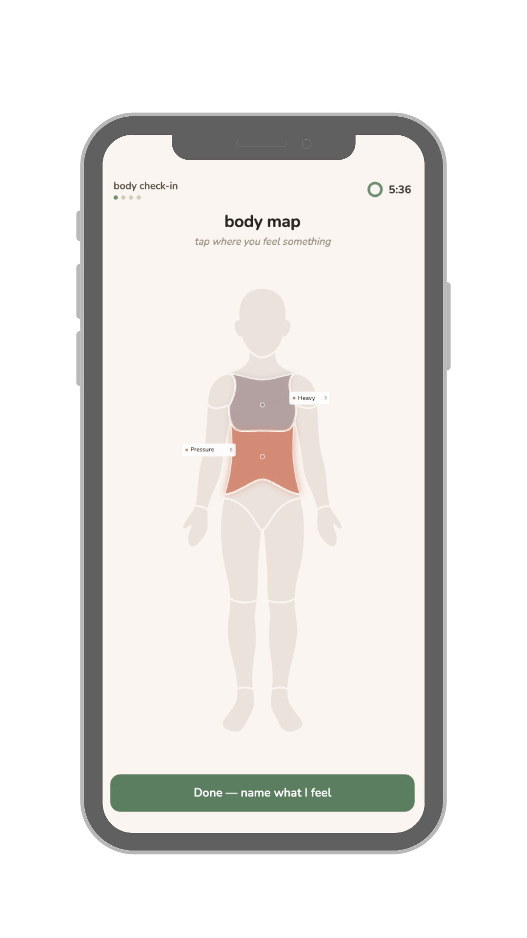 mirrah body map showing chest and stomach activation with sensation tags